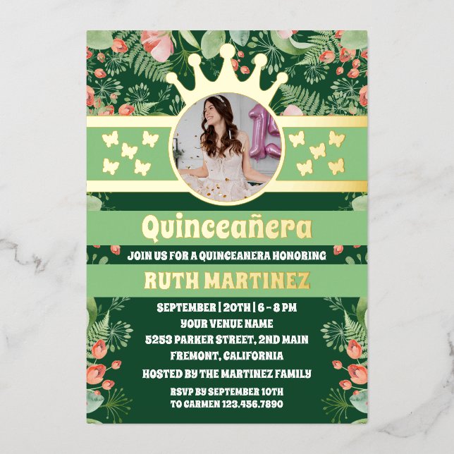 Sage Green Floral Gold Butterfly Quinceanera Photo (Front)