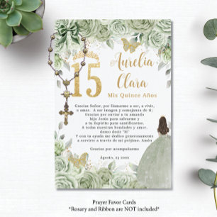 Sage Green Floral Gold Quinceañera 15 Prayer Card