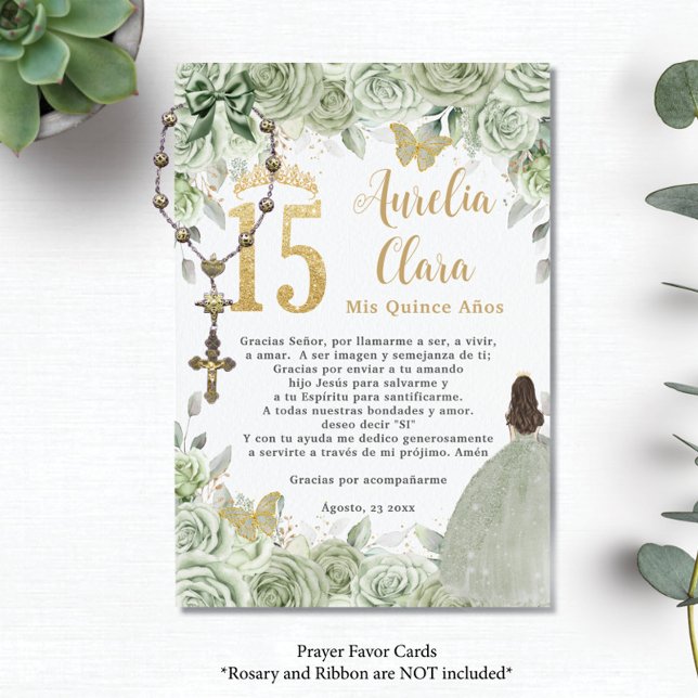 Sage Green Floral Gold Quinceañera 15 Prayer Card (Creator Uploaded)