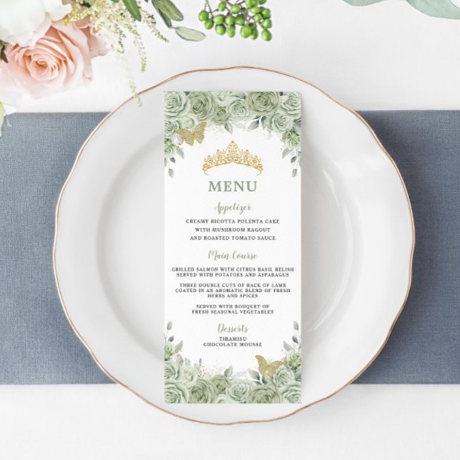 Sage Green Floral Gold Quinceanera Birthday Menu (Creator Uploaded)
