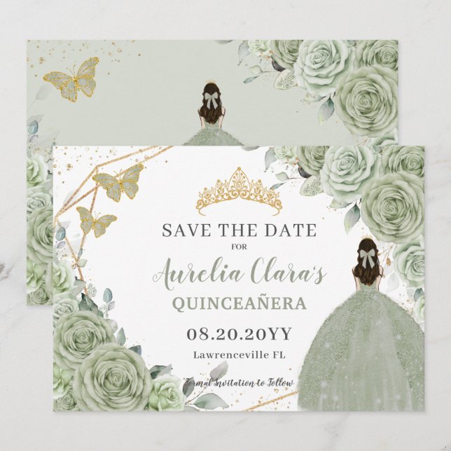Sage Green Floral Gold Quinceanera Sweet Sixteen Save The Date (Front/Back)