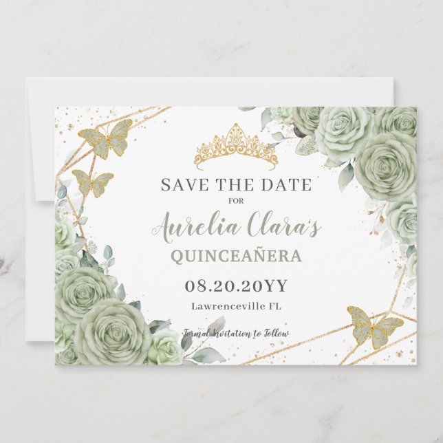 Sage Green Floral Gold Quinceanera Sweet Sixteen Save The Date (Front)