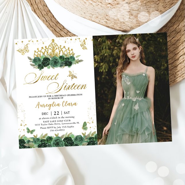 Sage Green Floral Gold Sweet sixteen 16 Birthday Invitation (Creator Uploaded)