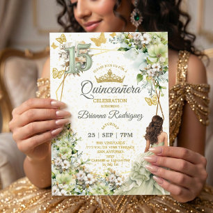 Sage Green Floral Golden Butterflies Quinceañera Invitation