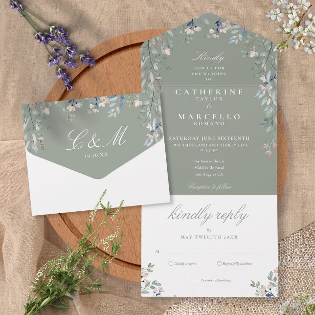 Sage Green Floral Greenery Cascade Wedding All In One Invitation (Creator Uploaded)