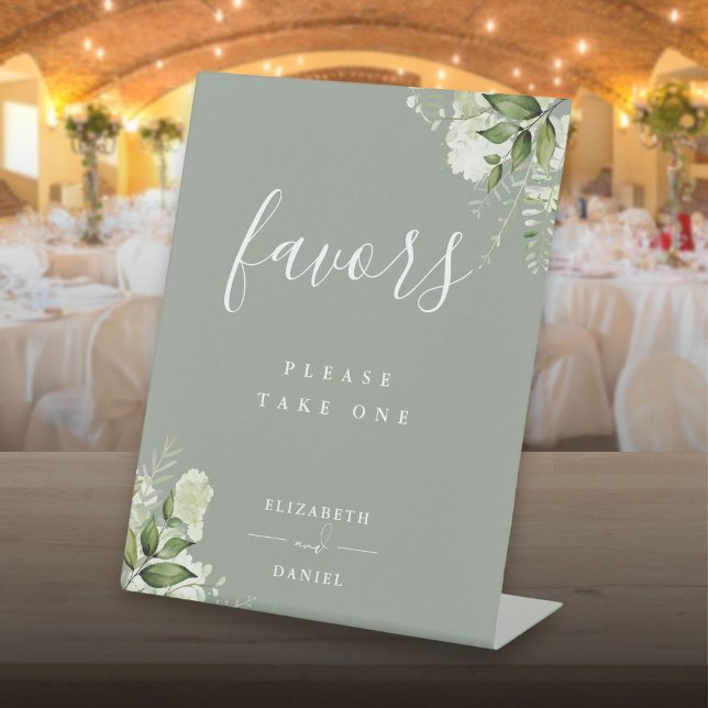 Sage Green Floral Greenery Favours Table Pedestal Sign (Sage Green Floral Greenery Favors Table Pedestal Sign)