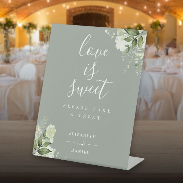 Sage Green Floral Greenery Love Is Sweet Favour Pedestal Sign (Sage Green Floral Greenery Love Is Sweet Favor Pedestal Sign)