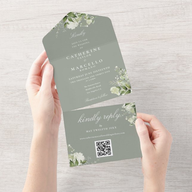 Sage Green Floral Greenery QR Code Wedding All In One Invitation (Tearaway)