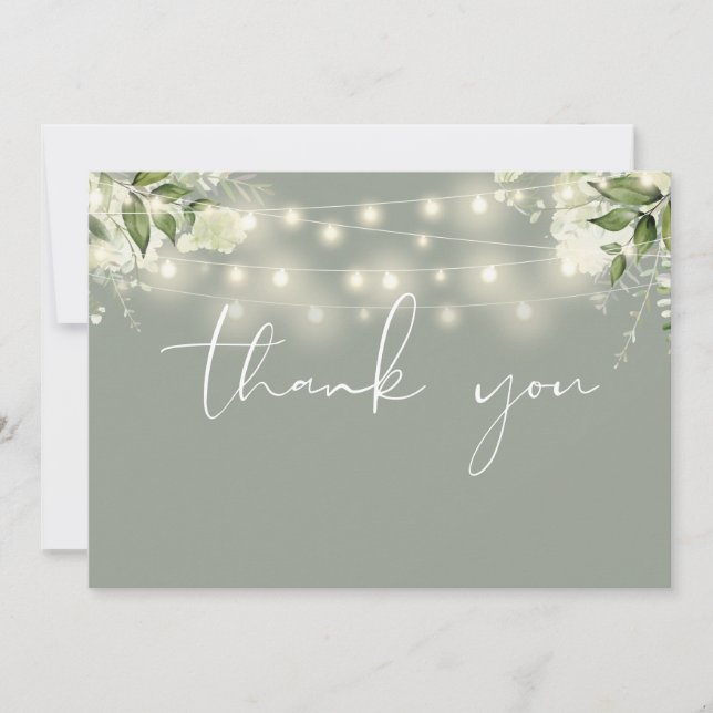 Sage Green Floral Greenery String Lights Photo Thank You Card (Front)