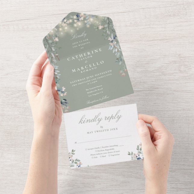 Sage Green Floral Greenery String Lights Wedding All In One Invitation (Tearaway)
