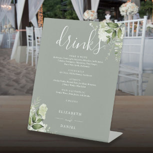 Sage Green Floral Greenery Wedding Drinks Menu Pedestal Sign