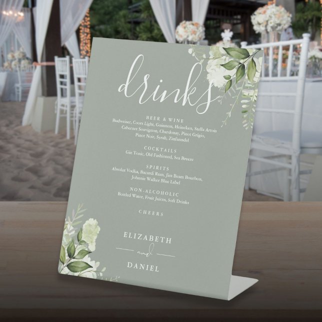 Sage Green Floral Greenery Wedding Drinks Menu Pedestal Sign (Sage Green Floral Greenery Wedding Drinks Menu Pedestal Sign)