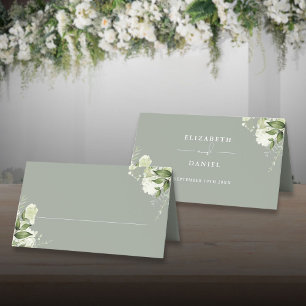Sage Green Floral Greenery Wedding Folded Place Card