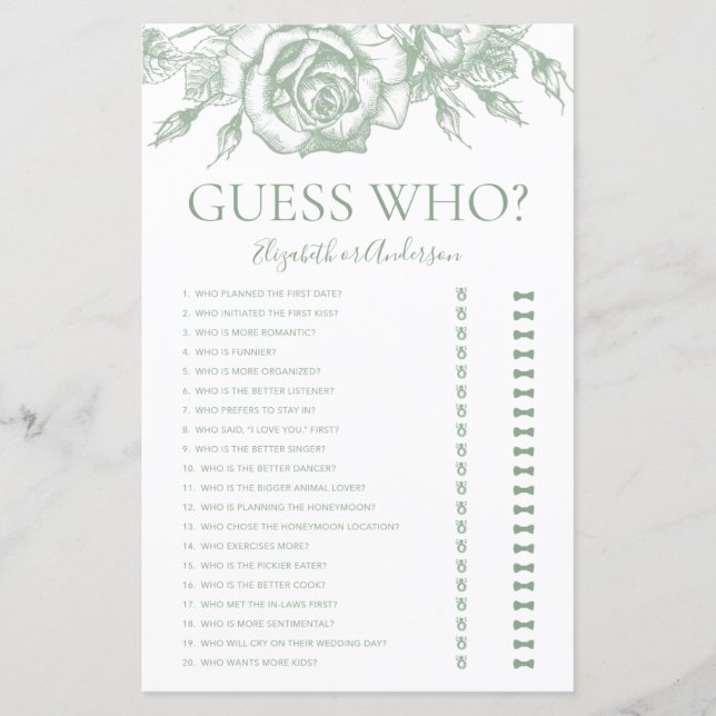 Sage Green Floral Guess Who Bridal Shower Game (Front)