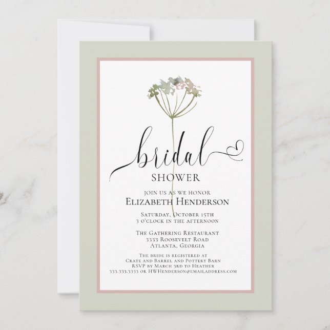 Sage Green Floral Heart Script Bridal Shower Invitation (Front)