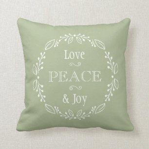 Sage Green Floral Holiday Peace Typography Cushion