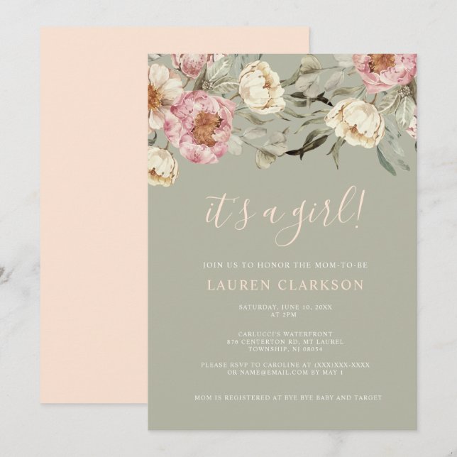 Sage Green Floral It's a Girl Baby Shower  Invitation (Front/Back)