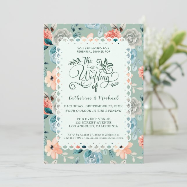 Sage Green Floral Lace Elegant Wedding Calligraphy Invitation (Standing Front)