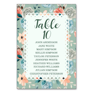 Sage Green Floral Lace Elegant Wedding Calligraphy Table Number