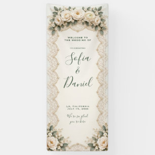 Sage Green Floral Lace Fabric Wedding Sign, Linen Banner