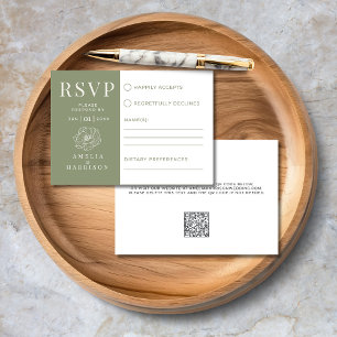 Sage Green Floral Line Art Elegant Wedding RSVP Card