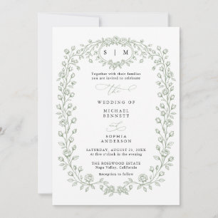 Sage Green Floral Line Art Wedding Invitation
