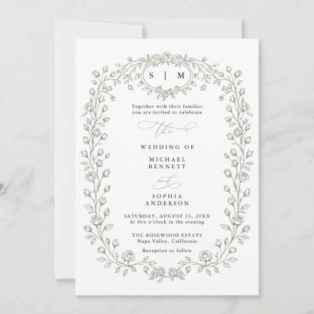 Sage Green Floral Line Art Wedding Invitation (Front)