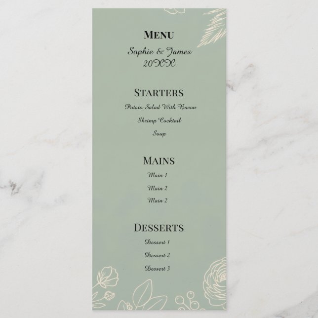 Sage Green Floral Line Art Wedding Menu (Front)