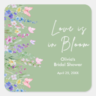 Sage Green Floral Love is in Bloom Bridal Shower  Square Sticker