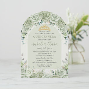Sage Green Floral Modern Arch Gold Quinceanera  Invitation