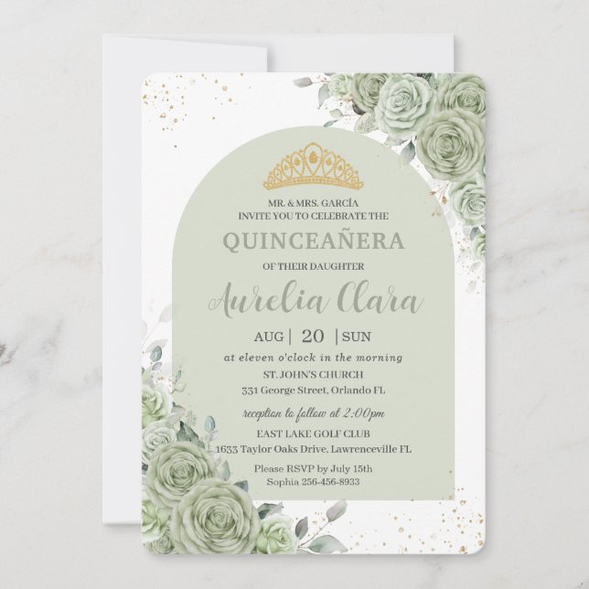 Sage Green Floral Modern Arch Gold Quinceanera  Invitation (Front)