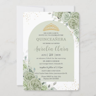 Sage Green Floral Modern Arch Gold Quinceanera  Invitation