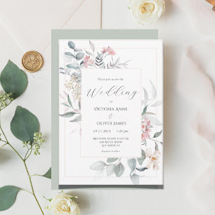 Sage Green Floral Modern Wedding Invitation