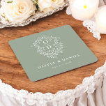 Sage Green Floral Monogram Wedding Crest Modern Square Paper Coaster<br><div class="desc">Add an elegant touch to your celebration with the Modern Monogram Wedding Crest Square Paper Coaster. Featuring a sophisticated monogram crest design, these coasters are perfect for weddings, engagement parties, or bridal showers. The stylish square shape and high-quality, absorbent paper protect surfaces while enhancing your decor. Personalise with your initials...</div>