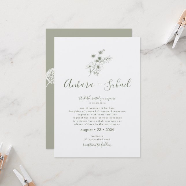 Sage Green Floral Muslim Wedding Invitation (Front/Back In Situ)