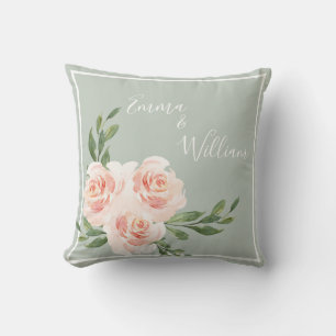 Sage Green Floral Names Wedding Cushion