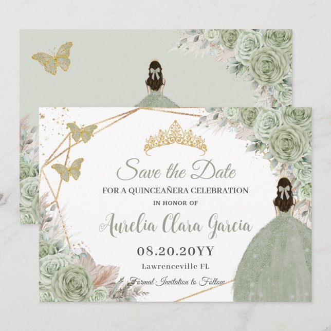Sage Green Floral Pampas Grass Quinceanera Gold Save The Date (Front/Back)