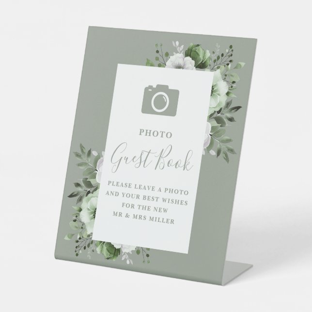 Sage Green Floral Photo Guest Book Wedding Pedestal Sign (Front)