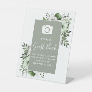 Sage Green Floral Photo Guest Book Wedding Pedestal Sign