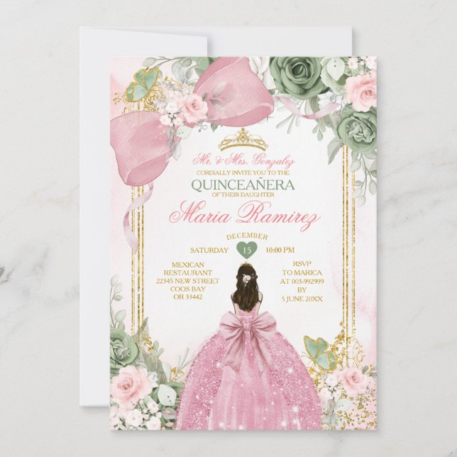 Sage Green Floral Pink Dress Princess Quinceañera Invitation (Front)