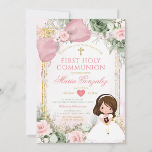 Sage Green Floral Pink Girl First Holy Communion Invitation
