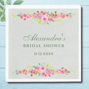 Sage Green Floral Pink Peony Bridal Shower Napkin