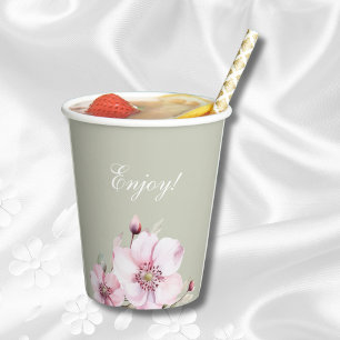 Sage Green Floral Pink Roses Baby Shower  Paper Cups