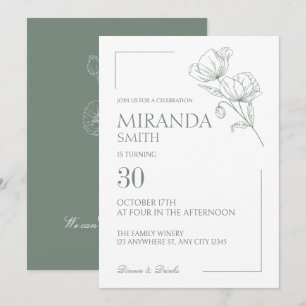 Sage Green Floral Poppy Birthday Party Invitation