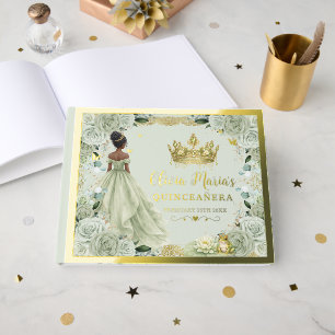 Sage Green Floral Princess and Frog Quinceanera Guest Book
