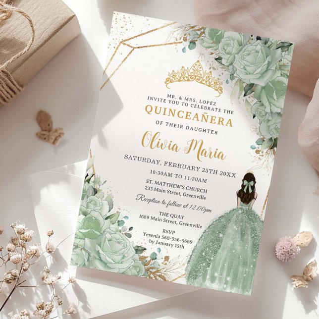 Sage Green Floral Princess Dress Gold Quinceañera  Invitation (Creator Uploaded)