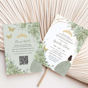 Sage Green Floral Princess Dress Quinceañera QR  Invitation