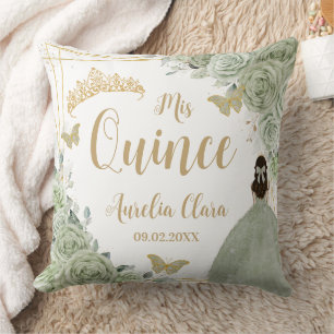 Sage Green Floral Princess Gold Quinceañera  Cushion