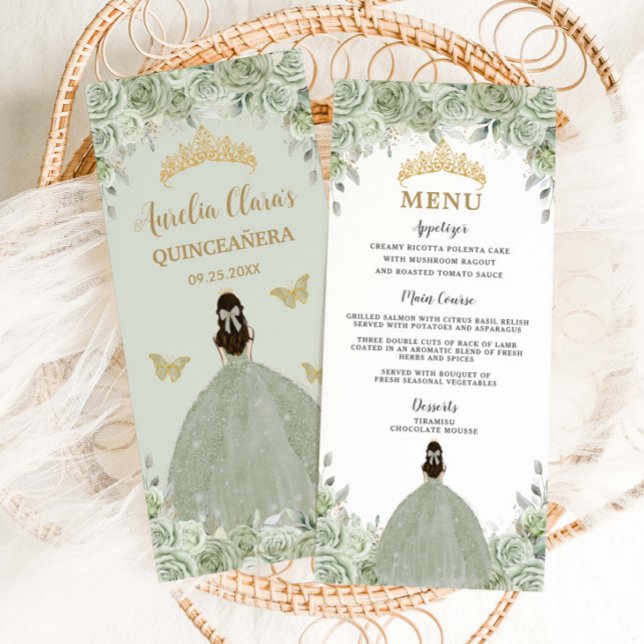 Sage Green Floral Princess Gold Quinceañera Menu (Creator Uploaded)