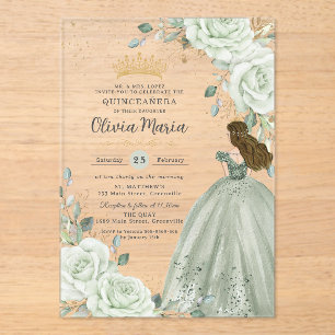 Sage Green Floral Princess Gown Quinceañera Quince Acrylic Invitations